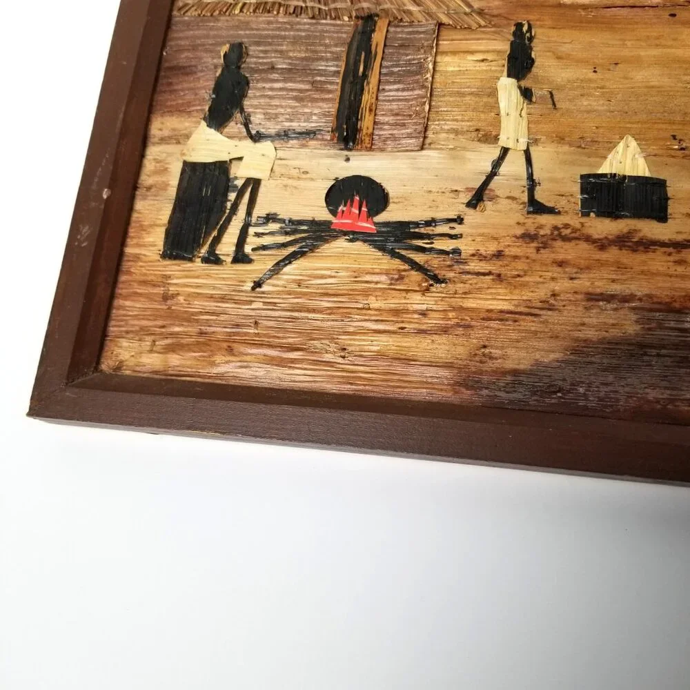 African Wall Art Bamboo Village Scene Framed Handmade Boho Global Decor 18x14